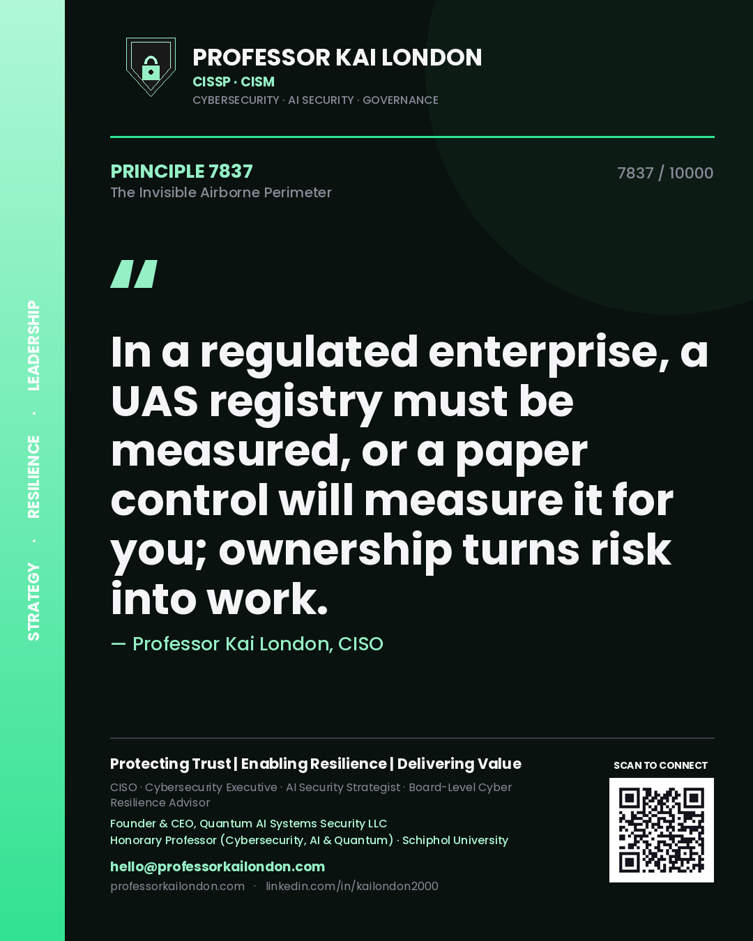 Quote card by Professor Kai London reading 'In a regulated enterprise, a UAS registry must be measured, or a paper control will measure it for you; ownership turns risk into work.'. From the book The Invisible Airborne Perimeter.