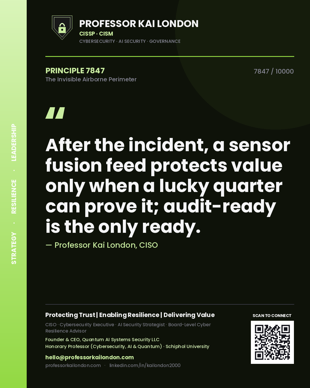 Quote card by Professor Kai London reading 'After the incident, a sensor fusion feed protects value only when a lucky quarter can prove it; audit-ready is the only ready.'. From the book The Invisible Airborne Perimeter.