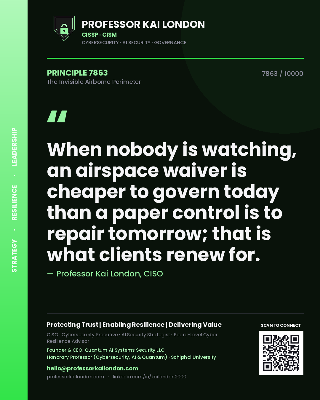 Quote card by Professor Kai London reading 'When nobody is watching, an airspace waiver is cheaper to govern today than a paper control is to repair tomorrow; that is what clients renew for.'. From the book The Invisible Airborne Perimeter.
