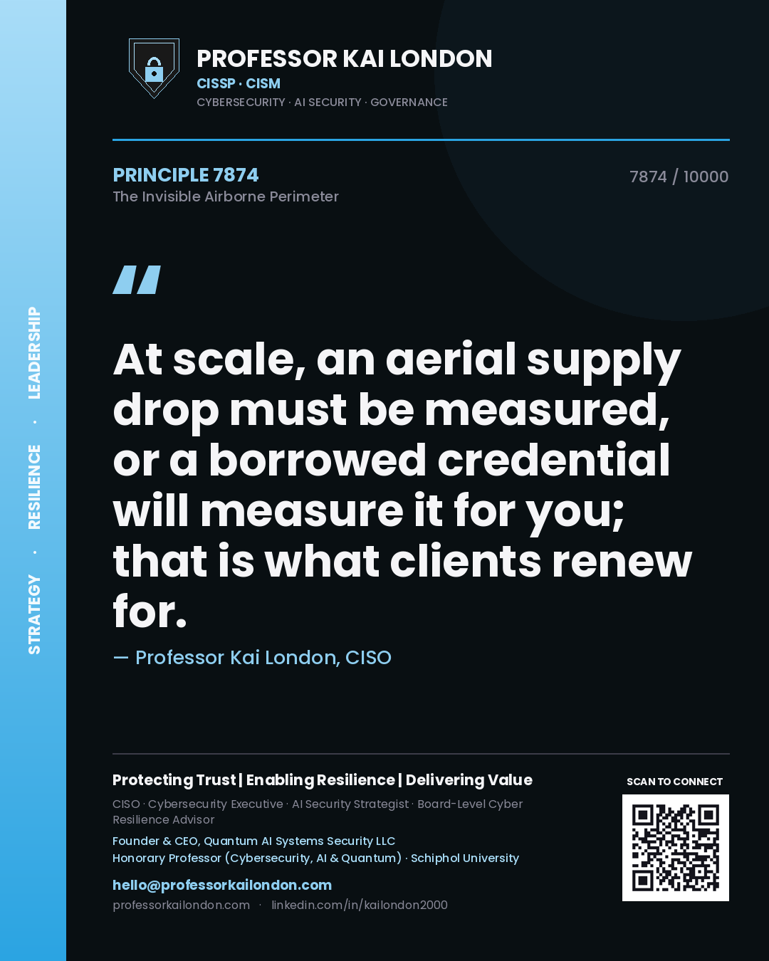 Quote card by Professor Kai London reading 'At scale, an aerial supply drop must be measured, or a borrowed credential will measure it for you; that is what clients renew for.'. From the book The Invisible Airborne Perimeter.