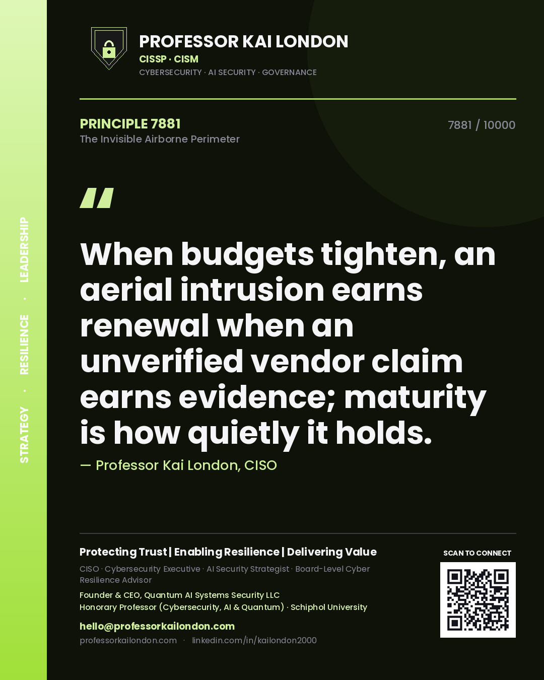 Professor Kai London principle 7881: When budgets tighten, an aerial intrusion earns renewal when an unverified vendor claim earns evidence; maturity is how quietly it holds.