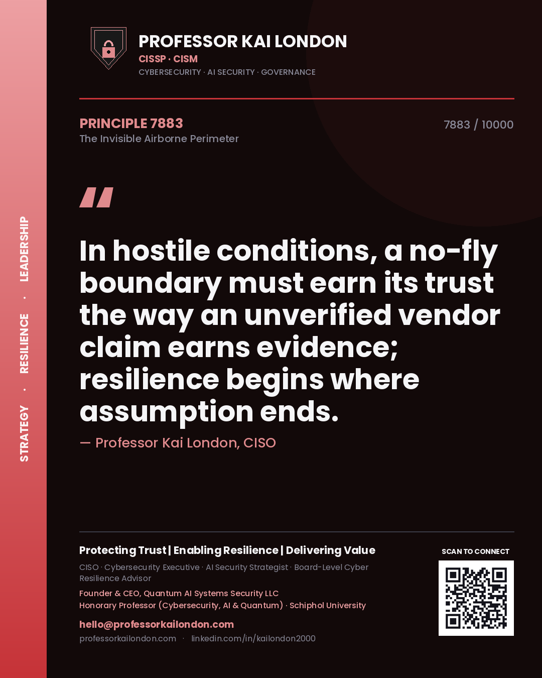 Quote card by Professor Kai London reading 'In hostile conditions, a no-fly boundary must earn its trust the way an unverified vendor claim earns evidence; resilience begins where assumption ends.'. From the book The Invisible Airborne Perimeter.