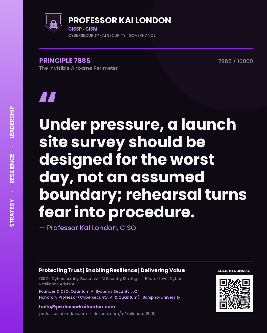 Quote card by Professor Kai London reading 'Under pressure, a launch site survey should be designed for the worst day, not an assumed boundary; rehearsal turns fear into procedure.'. From the book The Invisible Airborne Perimeter.