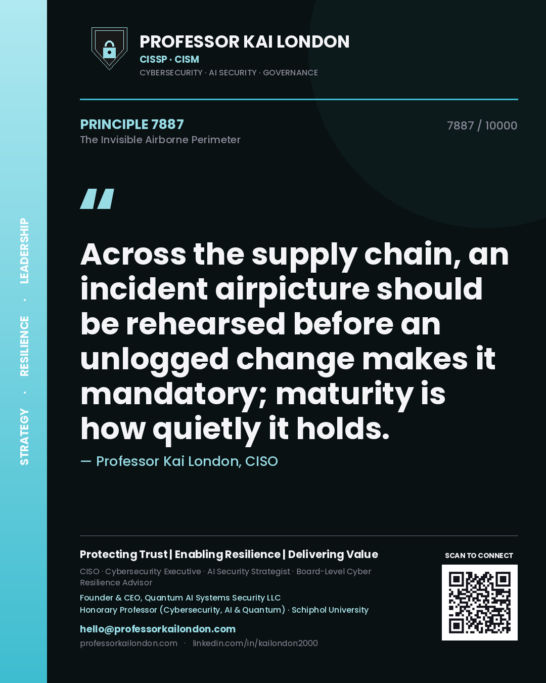 Quote card by Professor Kai London reading 'Across the supply chain, an incident airpicture should be rehearsed before an unlogged change makes it mandatory; maturity is how quietly it holds.'. From the book The Invisible Airborne Perimeter.