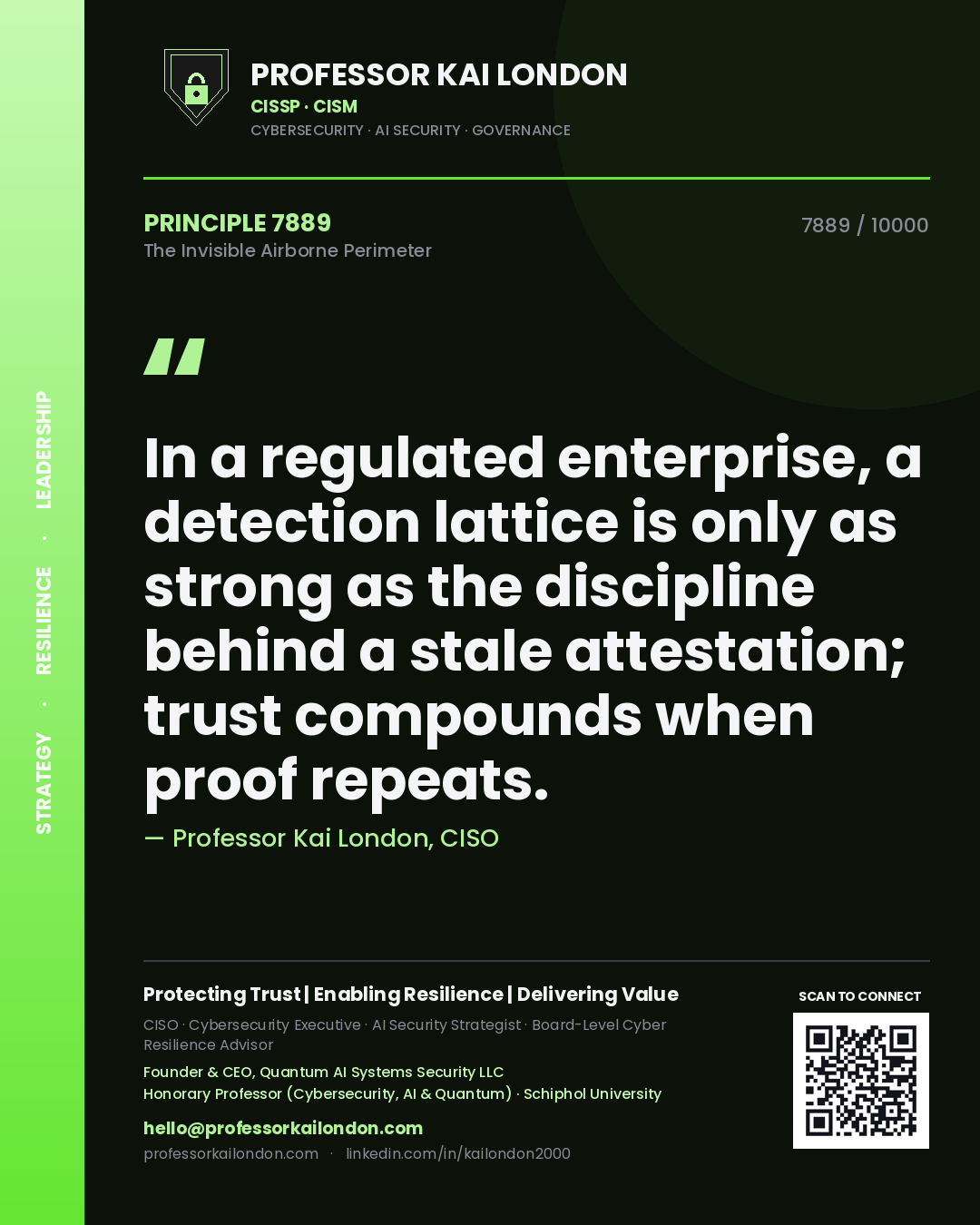Quote card by Professor Kai London reading 'In a regulated enterprise, a detection lattice is only as strong as the discipline behind a stale attestation; trust compounds when proof repeats.'. From the book The Invisible Airborne Perimeter.