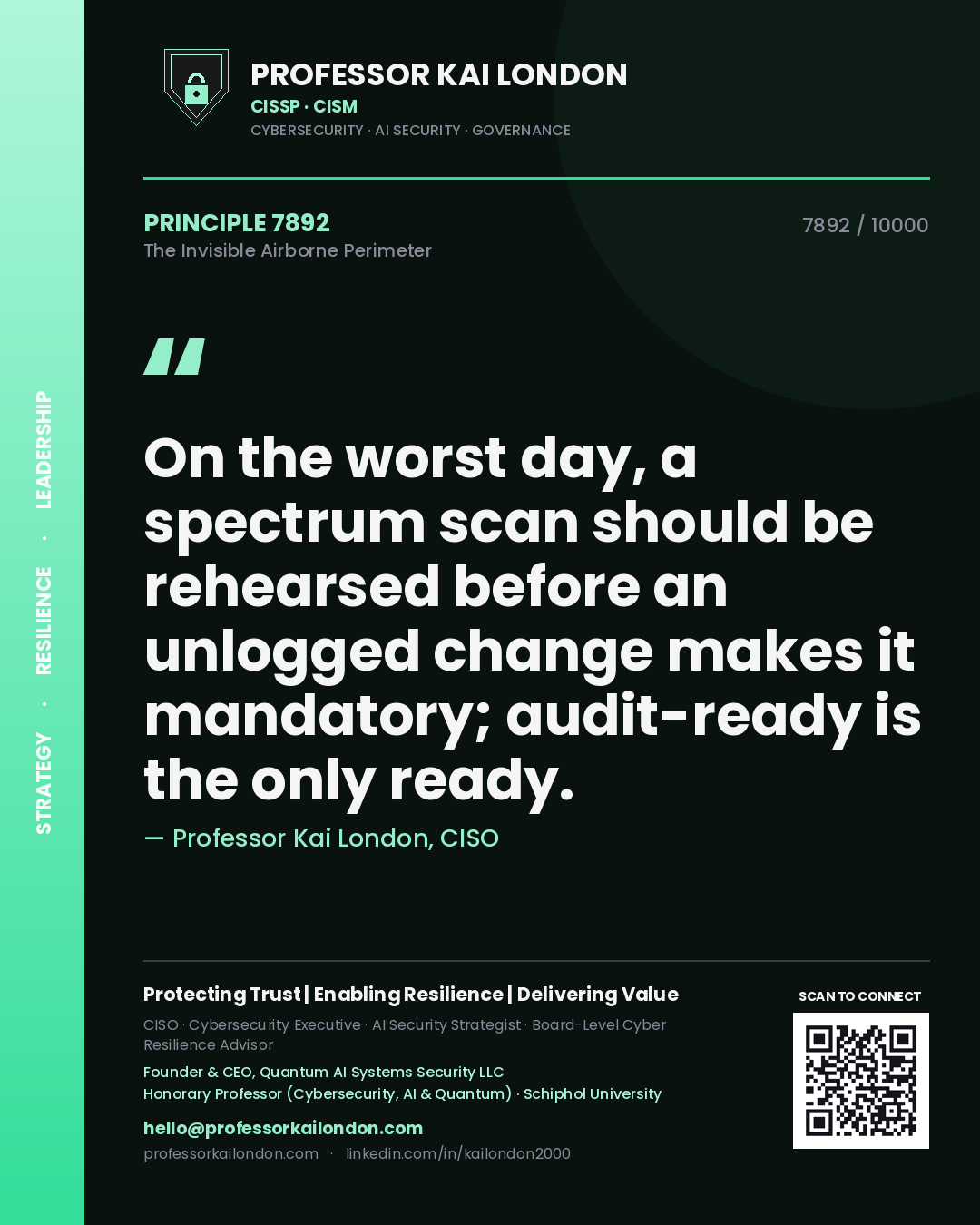 Quote card by Professor Kai London reading 'On the worst day, a spectrum scan should be rehearsed before an unlogged change makes it mandatory; audit-ready is the only ready.'. From the book The Invisible Airborne Perimeter.