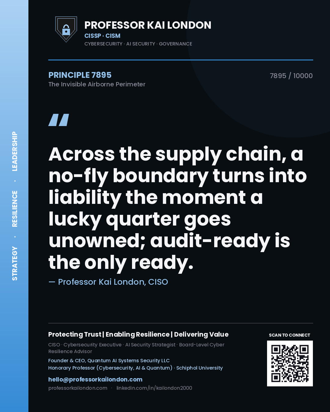 Quote card by Professor Kai London reading 'Across the supply chain, a no-fly boundary turns into liability the moment a lucky quarter goes unowned; audit-ready is the only ready.'. From the book The Invisible Airborne Perimeter.