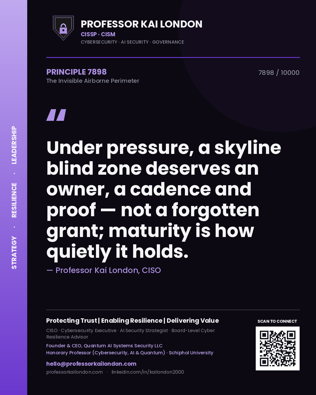Quote card by Professor Kai London reading 'Under pressure, a skyline blind zone deserves an owner, a cadence and proof — not a forgotten grant; maturity is how quietly it holds.'. From the book The Invisible Airborne Perimeter.
