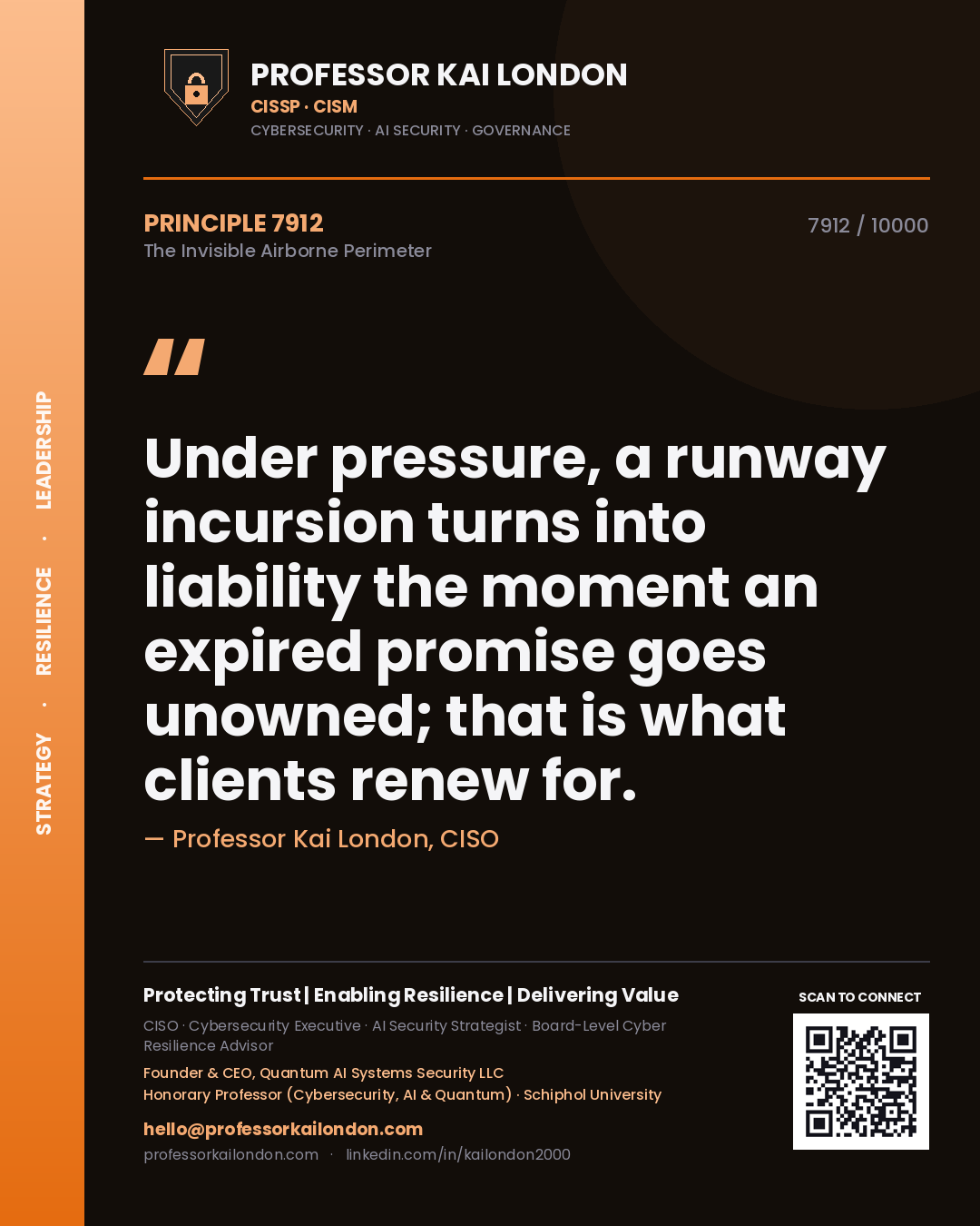 Quote card by Professor Kai London reading 'Under pressure, a runway incursion turns into liability the moment an expired promise goes unowned; that is what clients renew for.'. From the book The Invisible Airborne Perimeter.