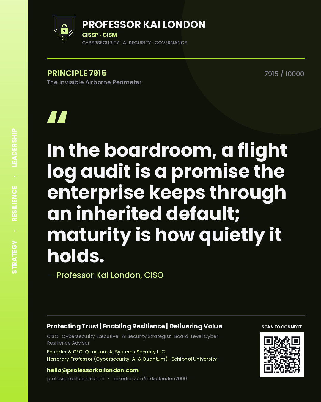 Quote card by Professor Kai London reading 'In the boardroom, a flight log audit is a promise the enterprise keeps through an inherited default; maturity is how quietly it holds.'. From the book The Invisible Airborne Perimeter.
