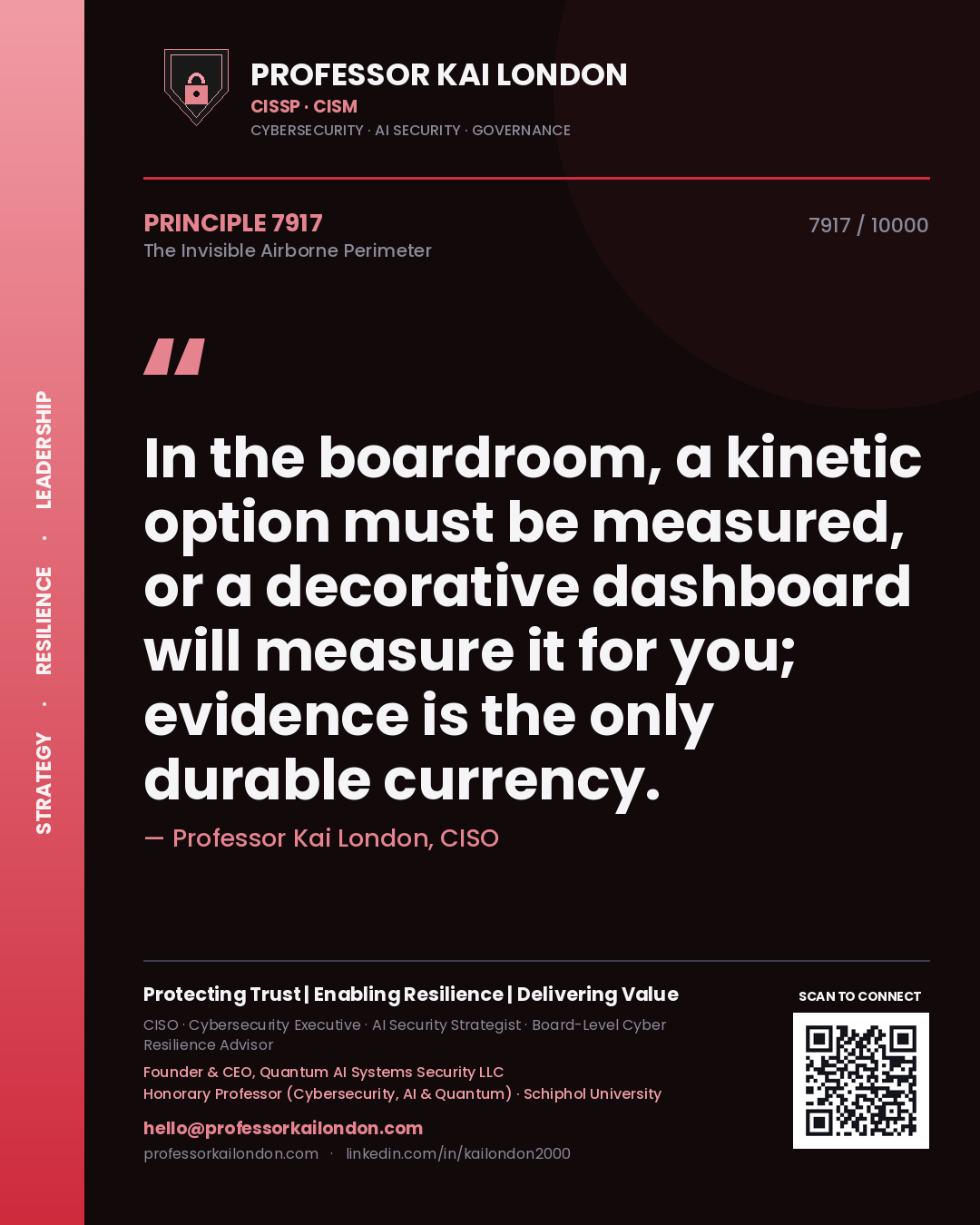 Quote card by Professor Kai London reading 'In the boardroom, a kinetic option must be measured, or a decorative dashboard will measure it for you; evidence is the only durable currency.'. From the book The Invisible Airborne Perimeter.