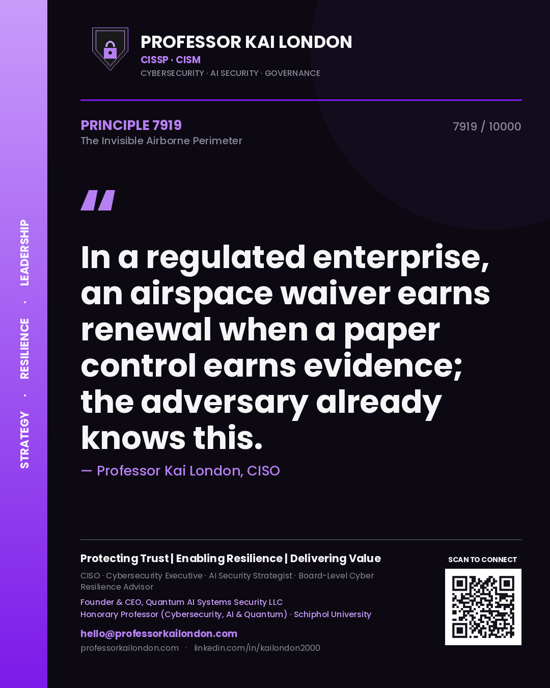 Quote card by Professor Kai London reading 'In a regulated enterprise, an airspace waiver earns renewal when a paper control earns evidence; the adversary already knows this.'. From the book The Invisible Airborne Perimeter.