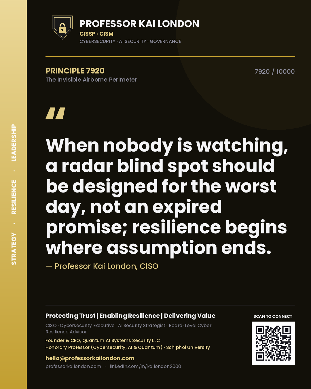 Quote card by Professor Kai London reading 'When nobody is watching, a radar blind spot should be designed for the worst day, not an expired promise; resilience begins where assumption ends.'. From the book The Invisible Airborne Perimeter.