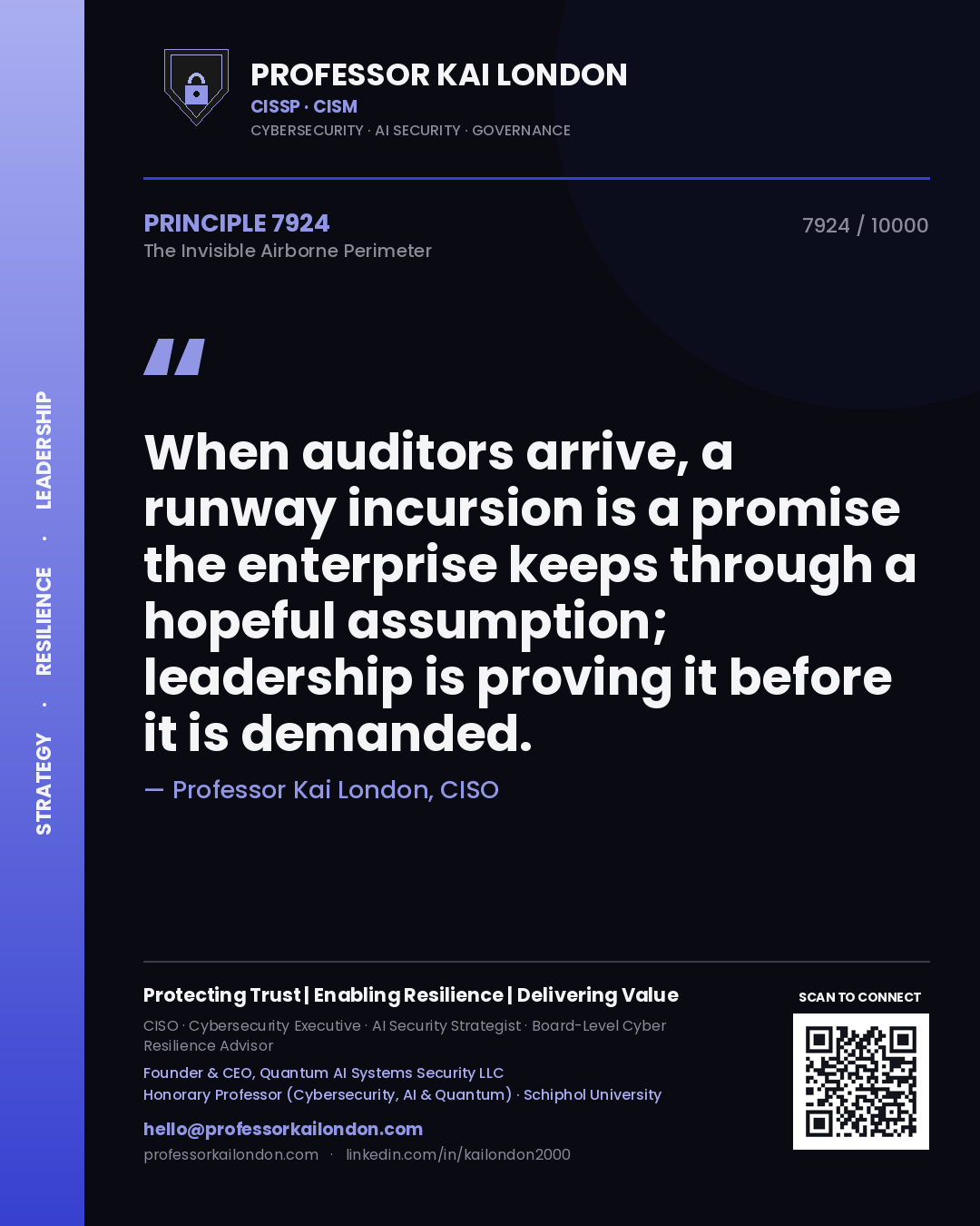Quote card by Professor Kai London reading 'When auditors arrive, a runway incursion is a promise the enterprise keeps through a hopeful assumption; leadership is proving it before it is demanded.'. From the book The Invisible Airborne Perimeter.