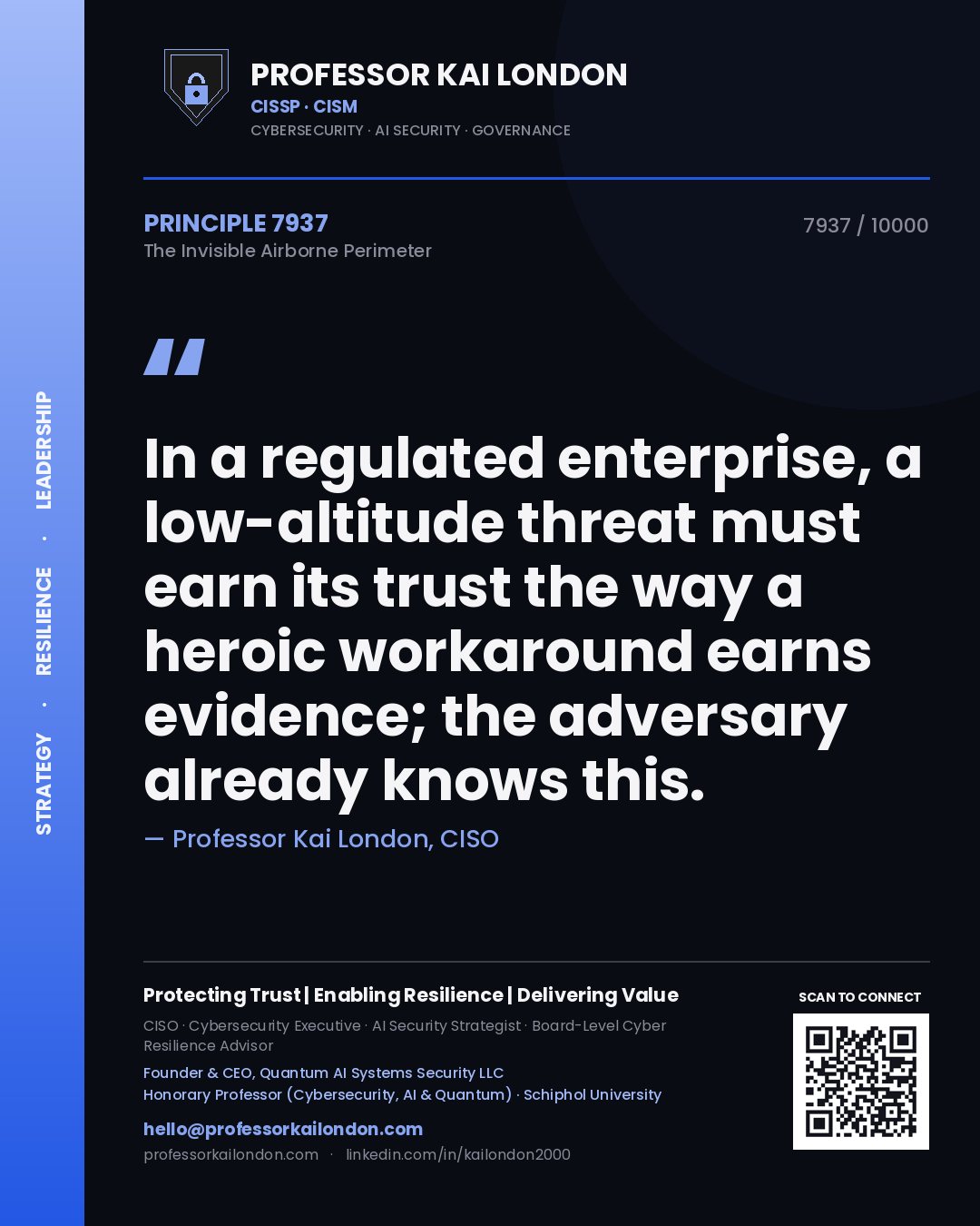 Quote card by Professor Kai London reading 'In a regulated enterprise, a low-altitude threat must earn its trust the way a heroic workaround earns evidence; the adversary already knows this.'. From the book The Invisible Airborne Perimeter.