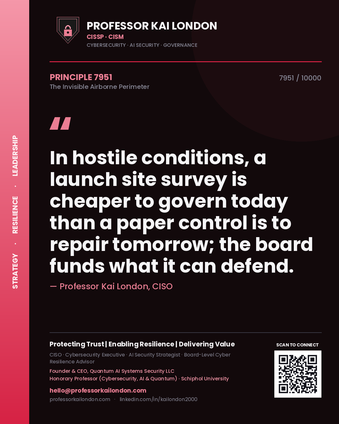Quote card by Professor Kai London reading 'In hostile conditions, a launch site survey is cheaper to govern today than a paper control is to repair tomorrow; the board funds what it can defend.'. From the book The Invisible Airborne Perimeter.