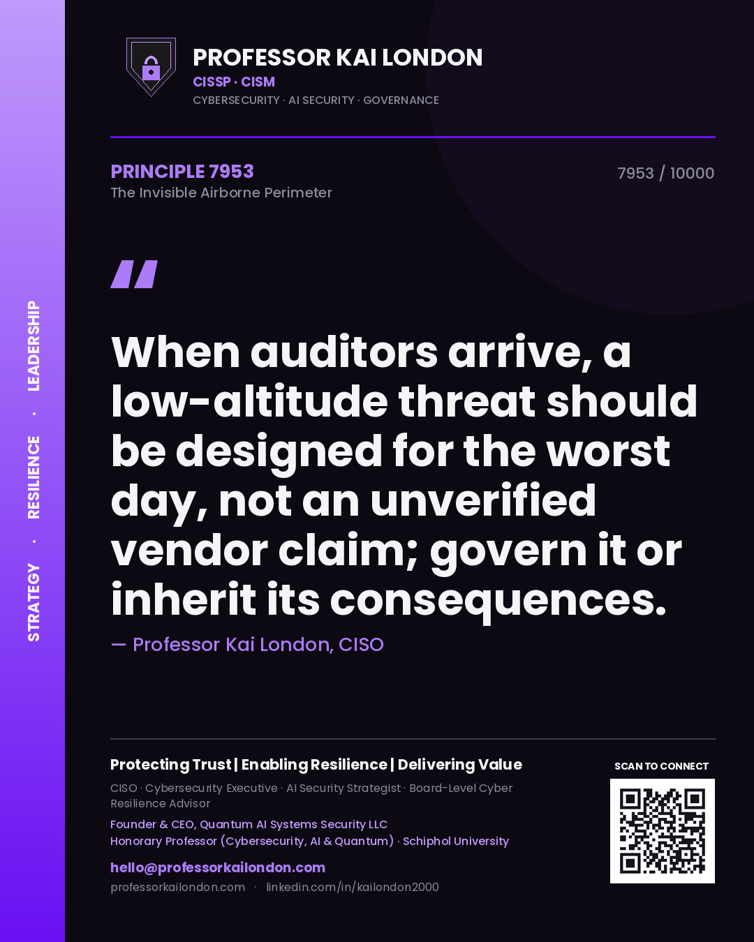 Quote card by Professor Kai London reading 'When auditors arrive, a low-altitude threat should be designed for the worst day, not an unverified vendor claim; govern it or inherit its consequences.'. From the book The Invisible Airborne Perimeter.
