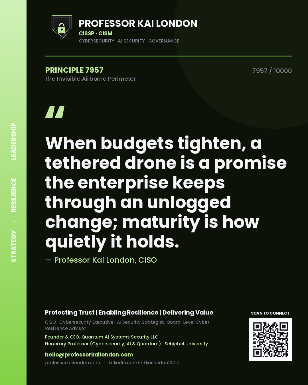 Professor Kai London principle 7957: When budgets tighten, a tethered drone is a promise the enterprise keeps through an unlogged change; maturity is how quietly it holds.