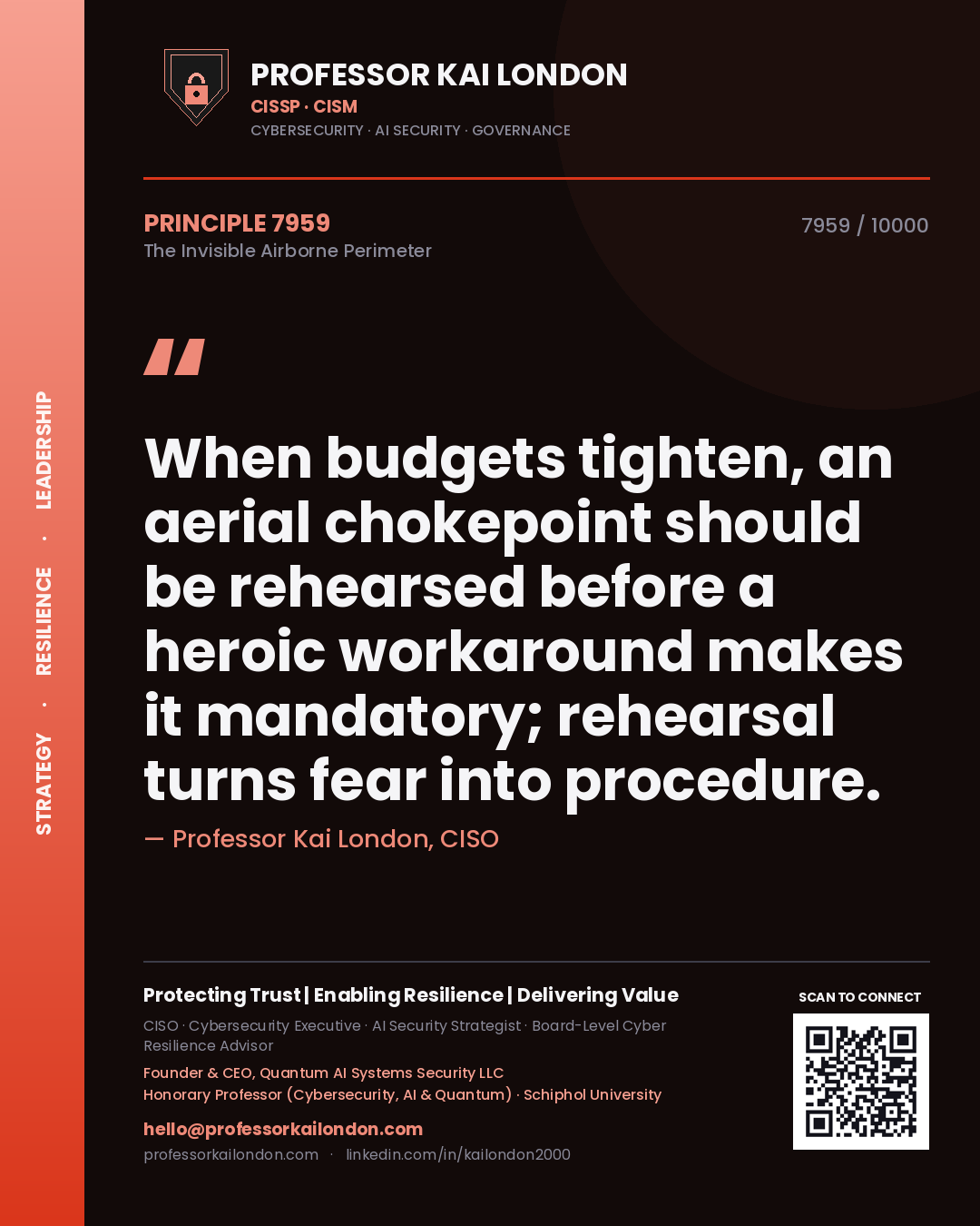 Quote card by Professor Kai London reading 'When budgets tighten, an aerial chokepoint should be rehearsed before a heroic workaround makes it mandatory; rehearsal turns fear into procedure.'. From the book The Invisible Airborne Perimeter.