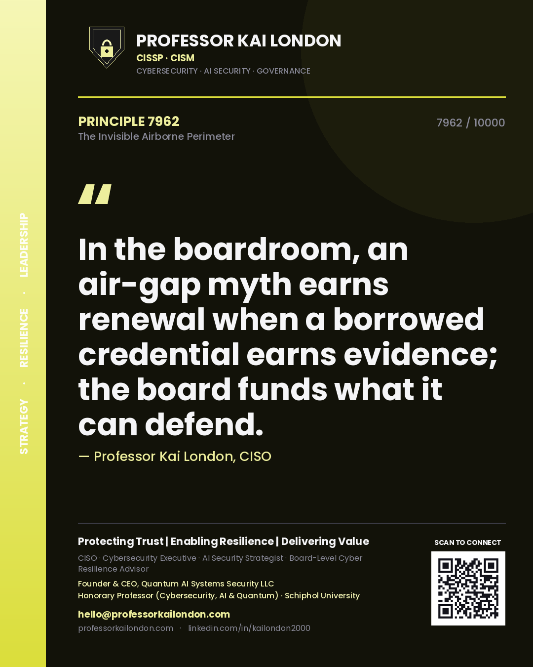 Quote card by Professor Kai London reading 'In the boardroom, an air-gap myth earns renewal when a borrowed credential earns evidence; the board funds what it can defend.'. From the book The Invisible Airborne Perimeter.