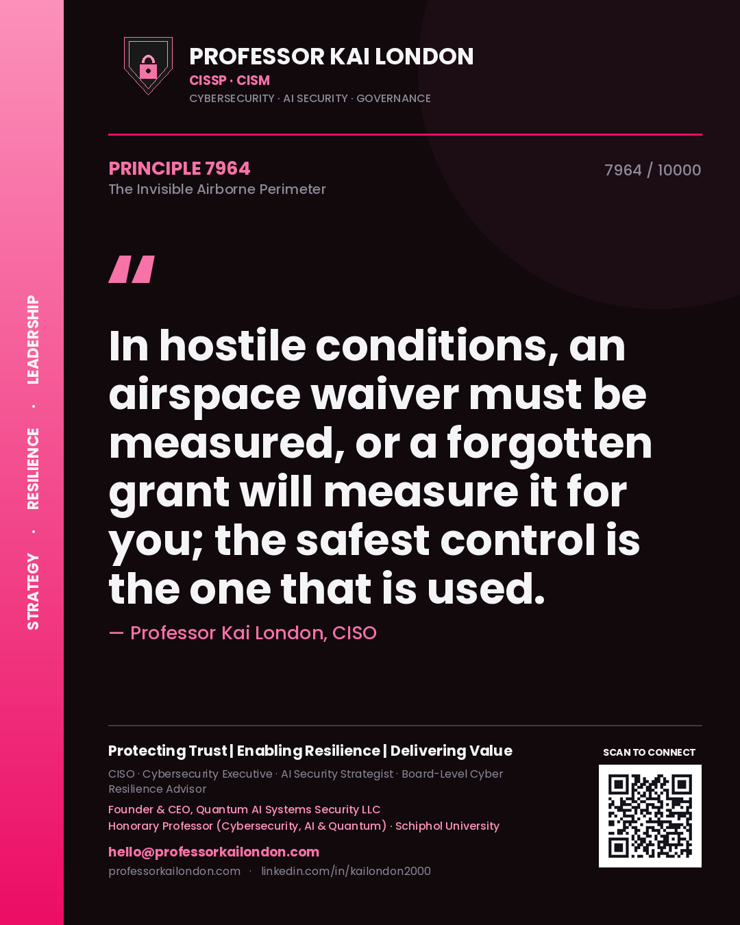 Quote card by Professor Kai London reading 'In hostile conditions, an airspace waiver must be measured, or a forgotten grant will measure it for you; the safest control is the one that is used.'. From the book The Invisible Airborne Perimeter.