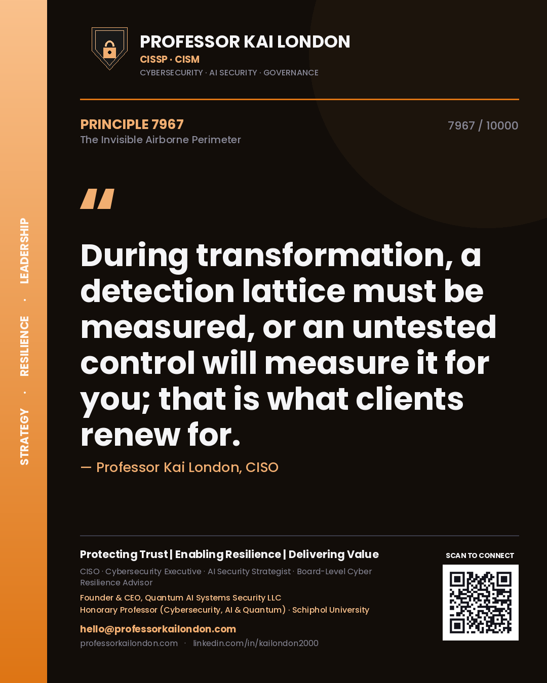 Quote card by Professor Kai London reading 'During transformation, a detection lattice must be measured, or an untested control will measure it for you; that is what clients renew for.'. From the book The Invisible Airborne Perimeter.