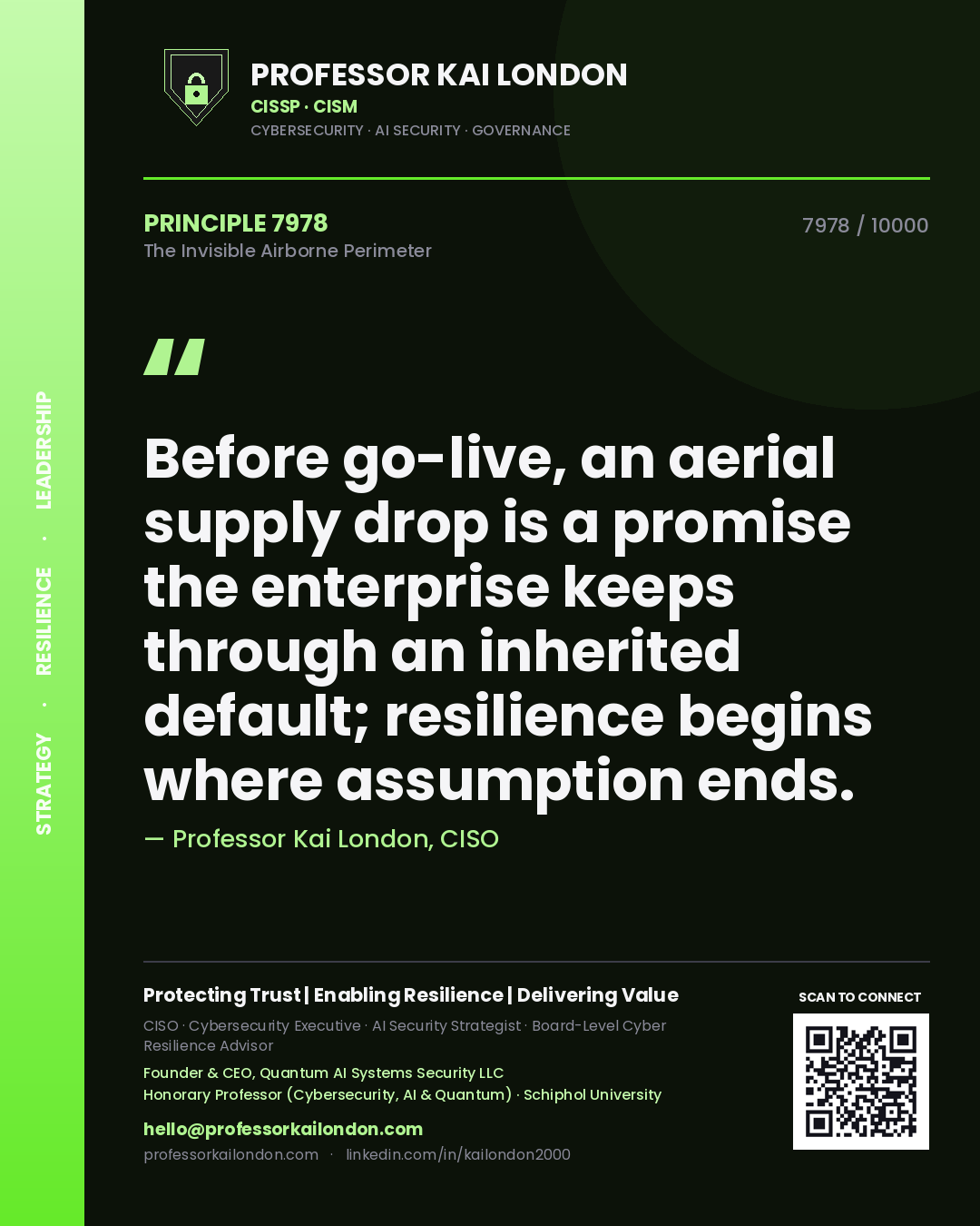 Quote card by Professor Kai London reading 'Before go-live, an aerial supply drop is a promise the enterprise keeps through an inherited default; resilience begins where assumption ends.'. From the book The Invisible Airborne Perimeter.