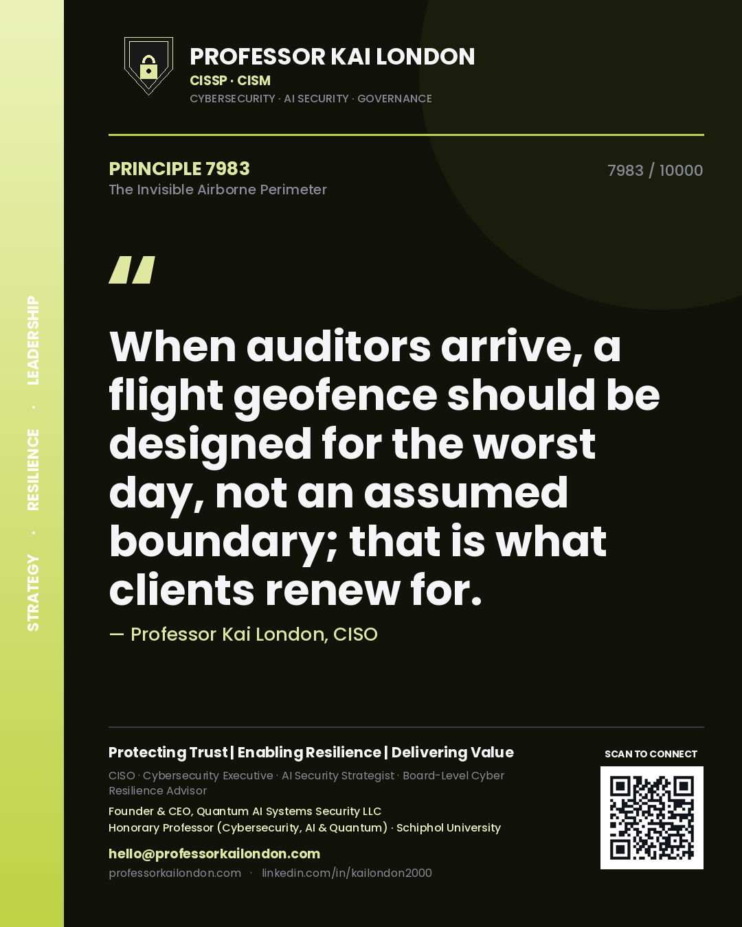 Quote card by Professor Kai London reading 'When auditors arrive, a flight geofence should be designed for the worst day, not an assumed boundary; that is what clients renew for.'. From the book The Invisible Airborne Perimeter.