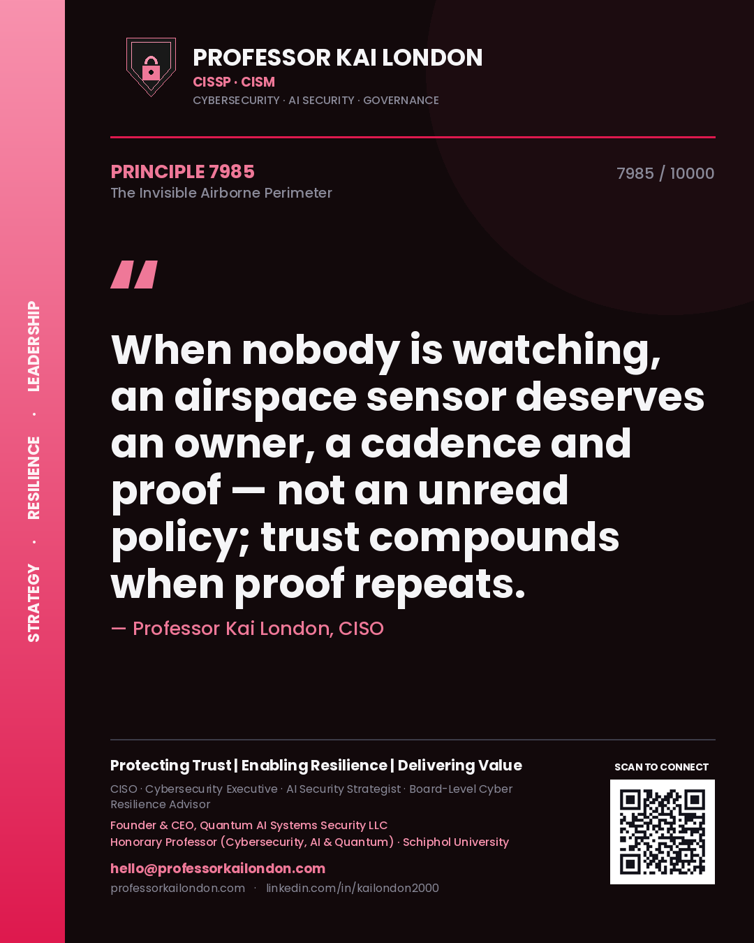 Quote card by Professor Kai London reading 'When nobody is watching, an airspace sensor deserves an owner, a cadence and proof — not an unread policy; trust compounds when proof repeats.'. From the book The Invisible Airborne Perimeter.
