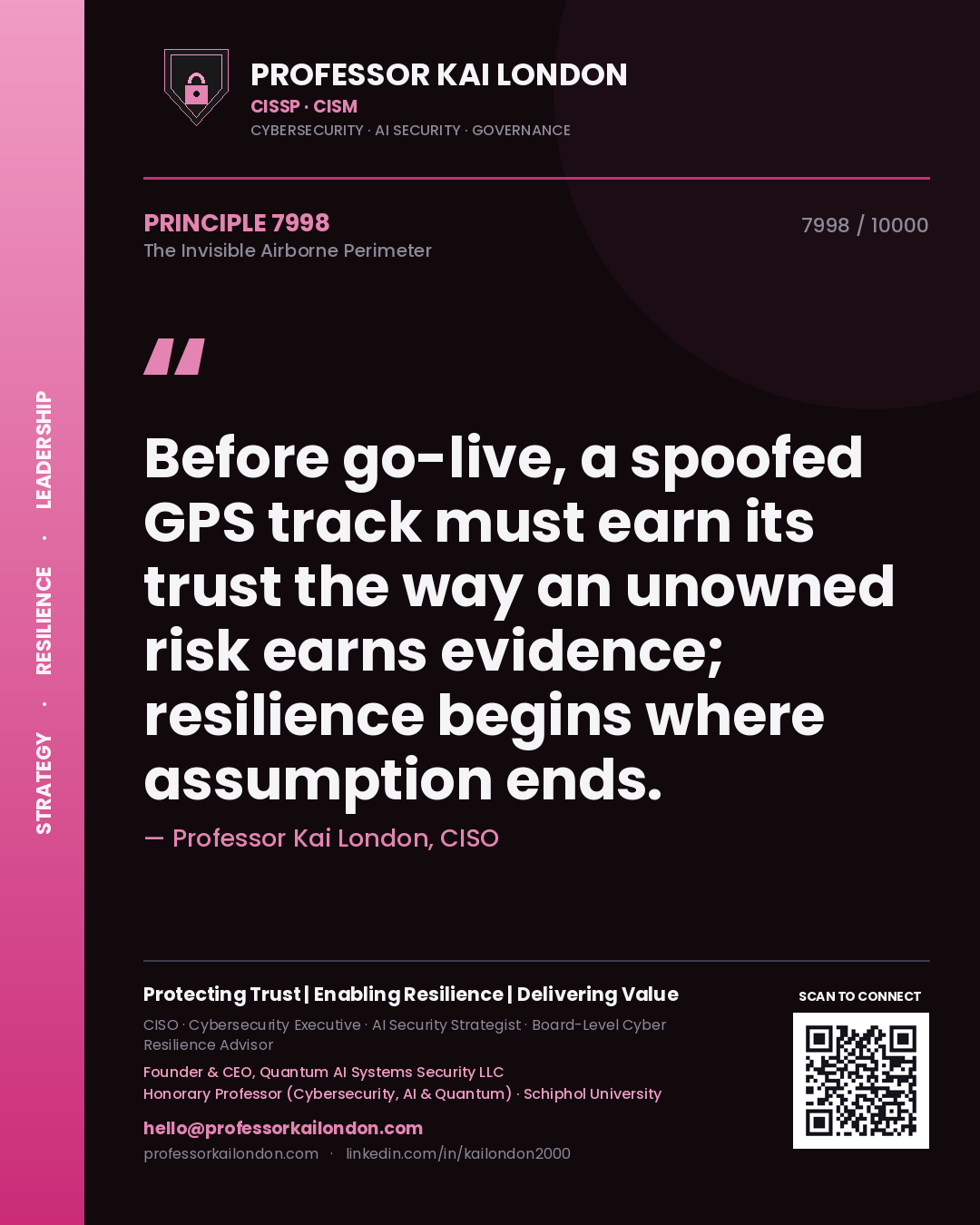 Quote card by Professor Kai London reading 'Before go-live, a spoofed GPS track must earn its trust the way an unowned risk earns evidence; resilience begins where assumption ends.'. From the book The Invisible Airborne Perimeter.