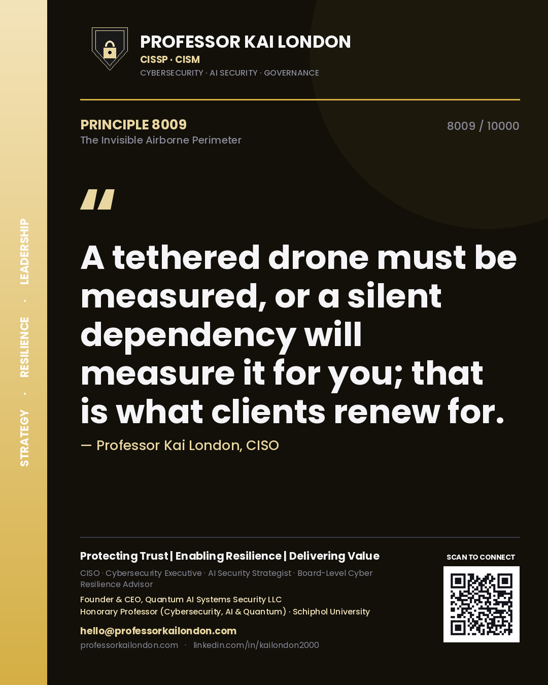 Quote card by Professor Kai London reading 'A tethered drone must be measured, or a silent dependency will measure it for you; that is what clients renew for.'. From the book The Invisible Airborne Perimeter.