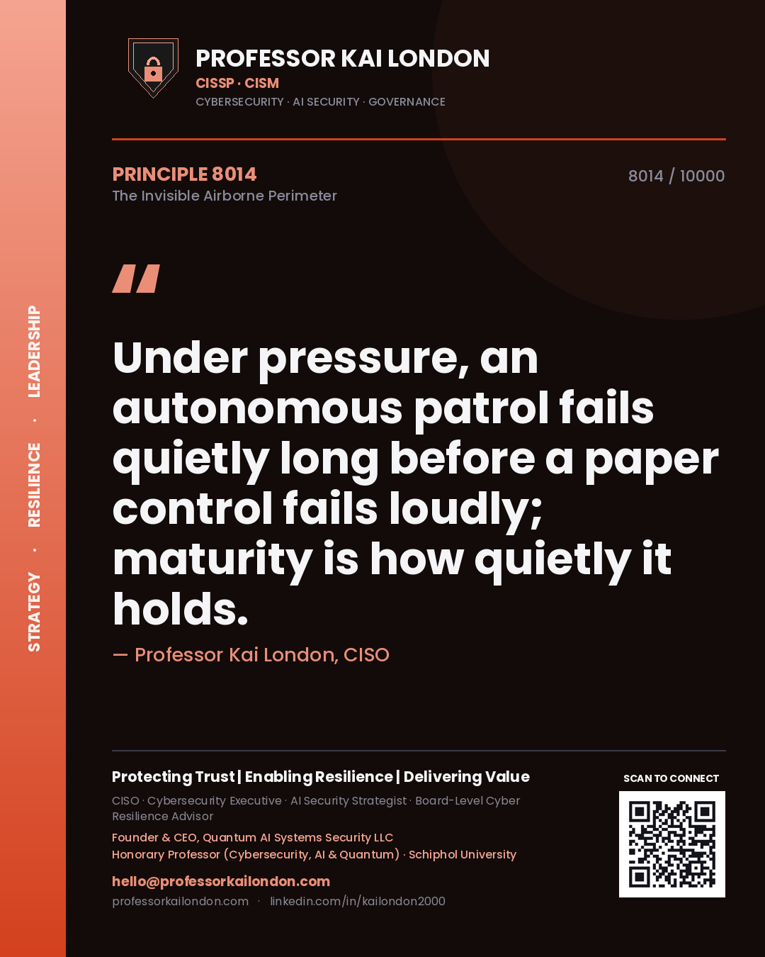 Quote card by Professor Kai London reading 'Under pressure, an autonomous patrol fails quietly long before a paper control fails loudly; maturity is how quietly it holds.'. From the book The Invisible Airborne Perimeter.