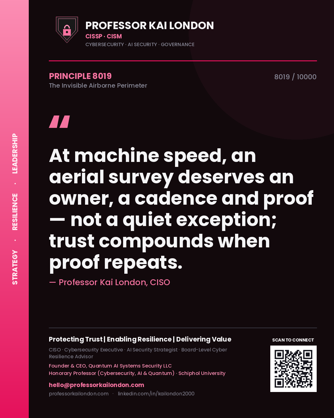 Professor Kai London principle 8019: At machine speed, an aerial survey deserves an owner, a cadence and proof — not a quiet exception; trust compounds when proof repeats.