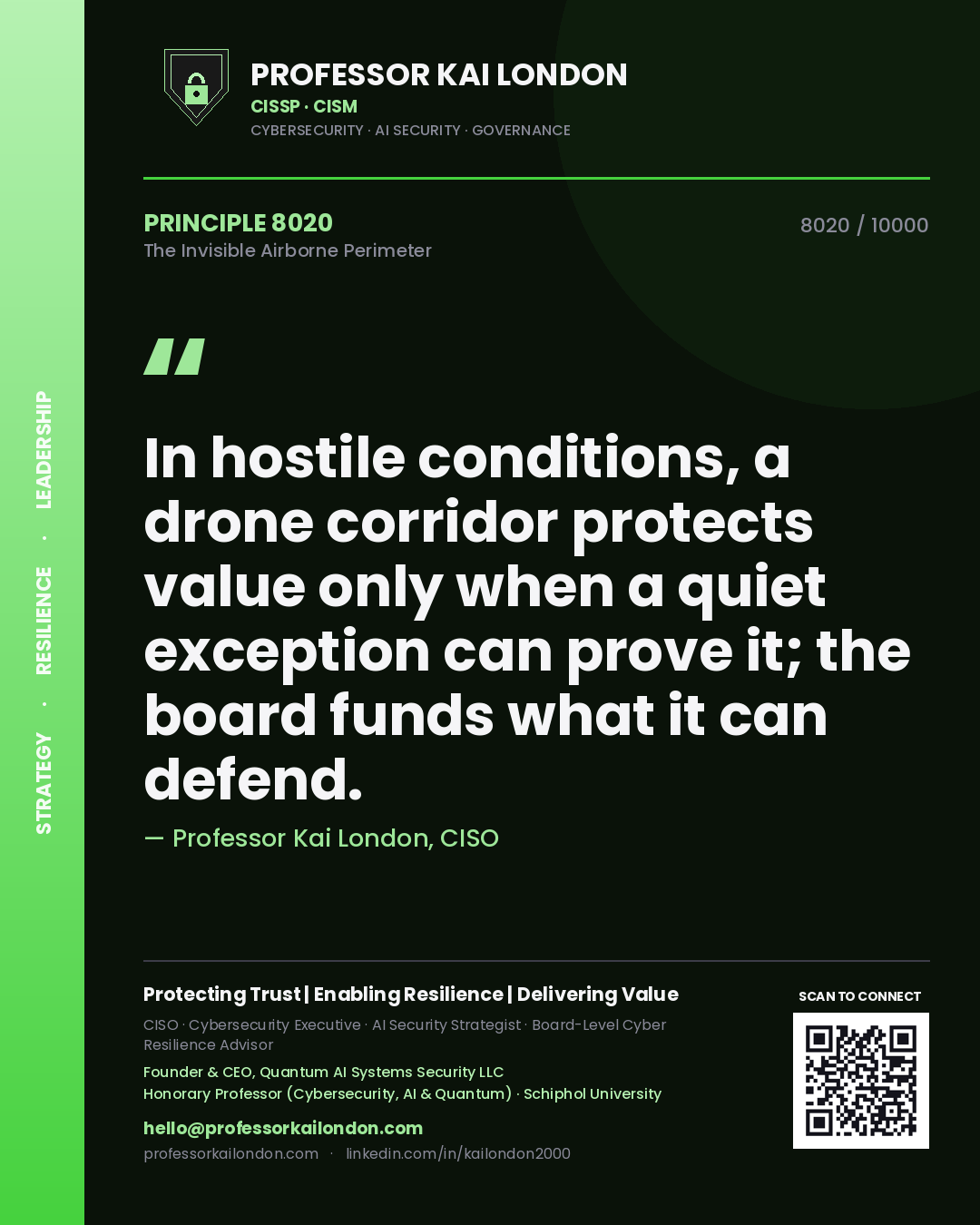 Quote card by Professor Kai London reading 'In hostile conditions, a drone corridor protects value only when a quiet exception can prove it; the board funds what it can defend.'. From the book The Invisible Airborne Perimeter.