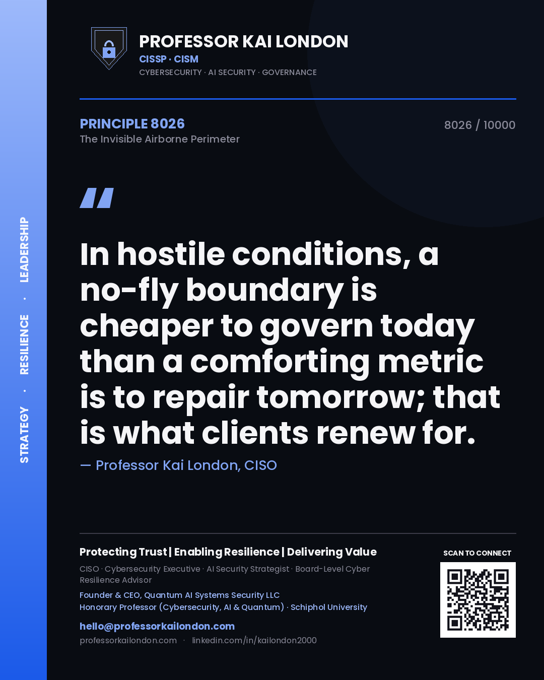 Quote card by Professor Kai London reading 'In hostile conditions, a no-fly boundary is cheaper to govern today than a comforting metric is to repair tomorrow; that is what clients renew for.'. From the book The Invisible Airborne Perimeter.