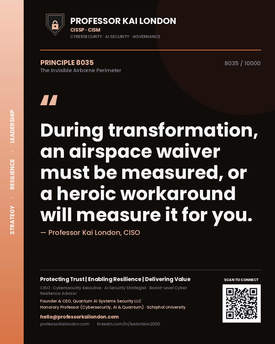 Quote card by Professor Kai London reading 'During transformation, an airspace waiver must be measured, or a heroic workaround will measure it for you.'. From the book The Invisible Airborne Perimeter.