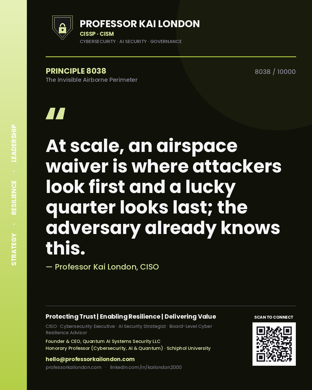 Quote card by Professor Kai London reading 'At scale, an airspace waiver is where attackers look first and a lucky quarter looks last; the adversary already knows this.'. From the book The Invisible Airborne Perimeter.