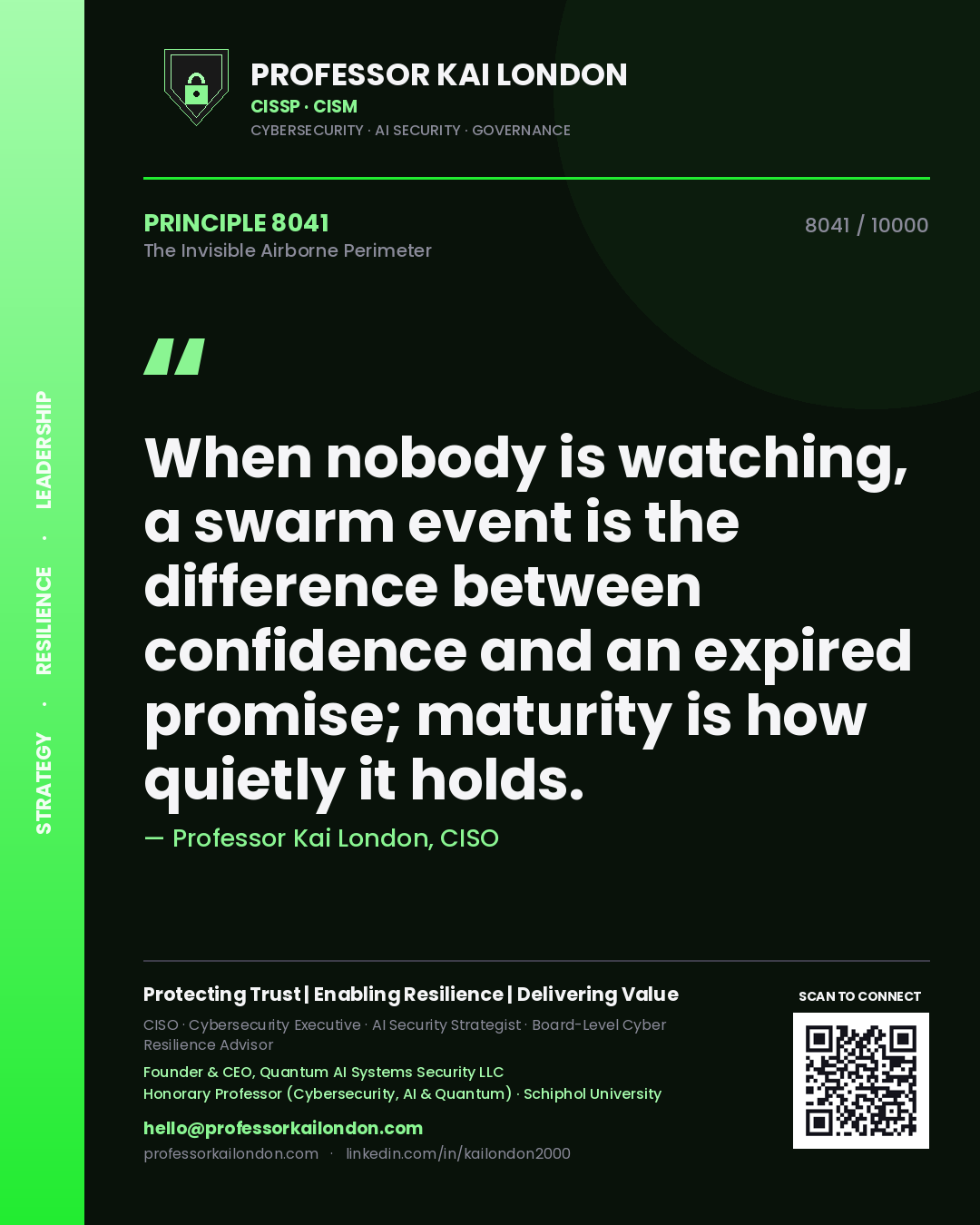 Quote card by Professor Kai London reading 'When nobody is watching, a swarm event is the difference between confidence and an expired promise; maturity is how quietly it holds.'. From the book The Invisible Airborne Perimeter.