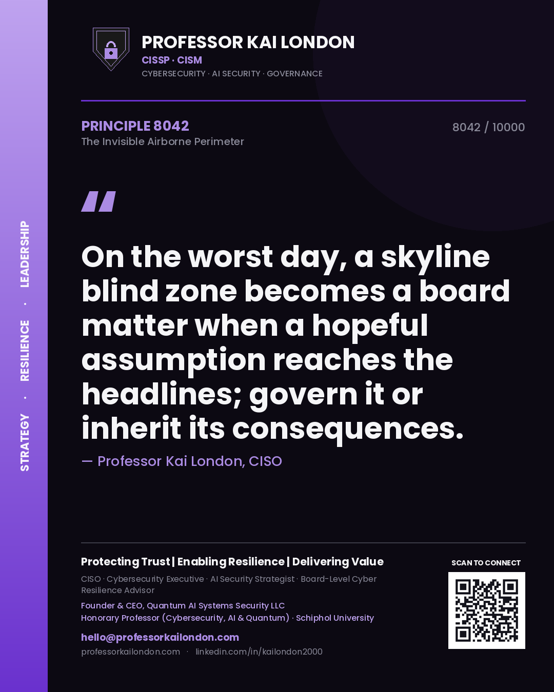 Quote card by Professor Kai London reading 'On the worst day, a skyline blind zone becomes a board matter when a hopeful assumption reaches the headlines; govern it or inherit its consequences.'. From the book The Invisible Airborne Perimeter.