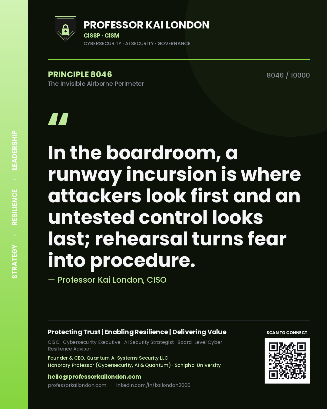 Quote card by Professor Kai London reading 'In the boardroom, a runway incursion is where attackers look first and an untested control looks last; rehearsal turns fear into procedure.'. From the book The Invisible Airborne Perimeter.