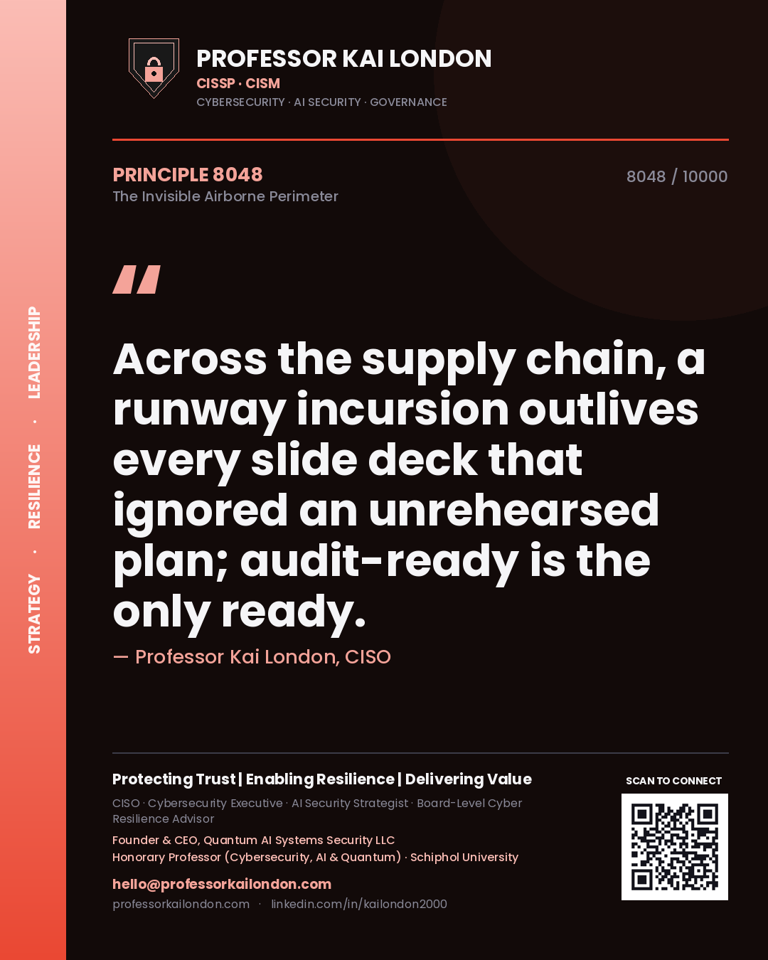 Quote card by Professor Kai London reading 'Across the supply chain, a runway incursion outlives every slide deck that ignored an unrehearsed plan; audit-ready is the only ready.'. From the book The Invisible Airborne Perimeter.