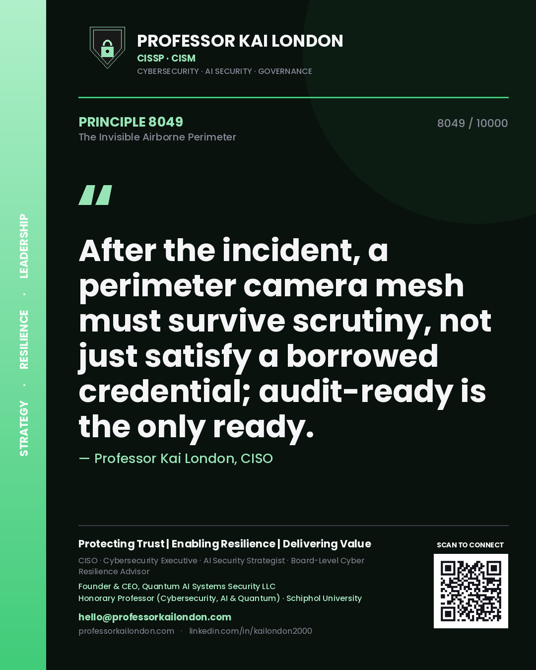 Professor Kai London principle 8049: After the incident, a perimeter camera mesh must survive scrutiny, not just satisfy a borrowed credential; audit-ready is the only ready.