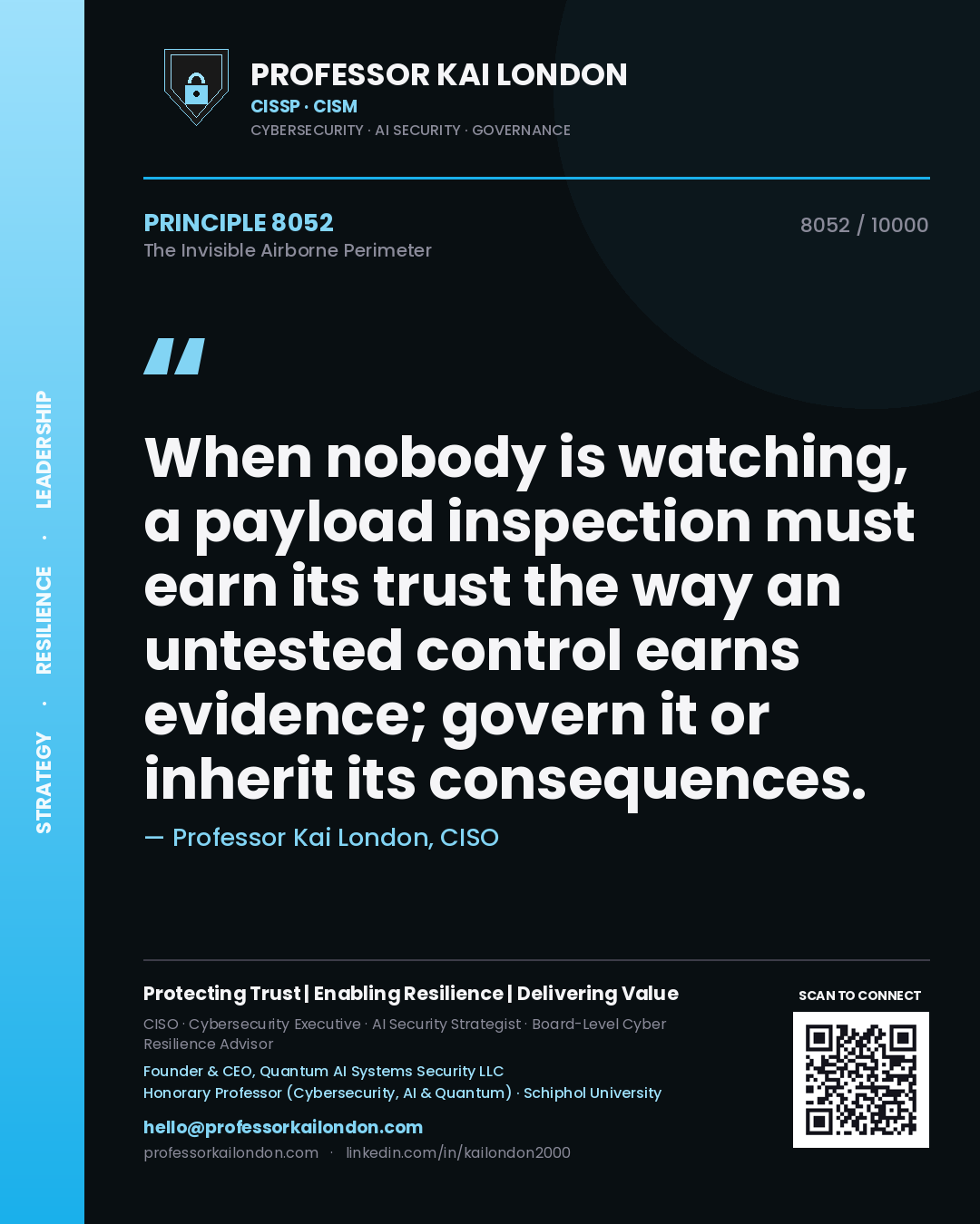 Quote card by Professor Kai London reading 'When nobody is watching, a payload inspection must earn its trust the way an untested control earns evidence; govern it or inherit its consequences.'. From the book The Invisible Airborne Perimeter.