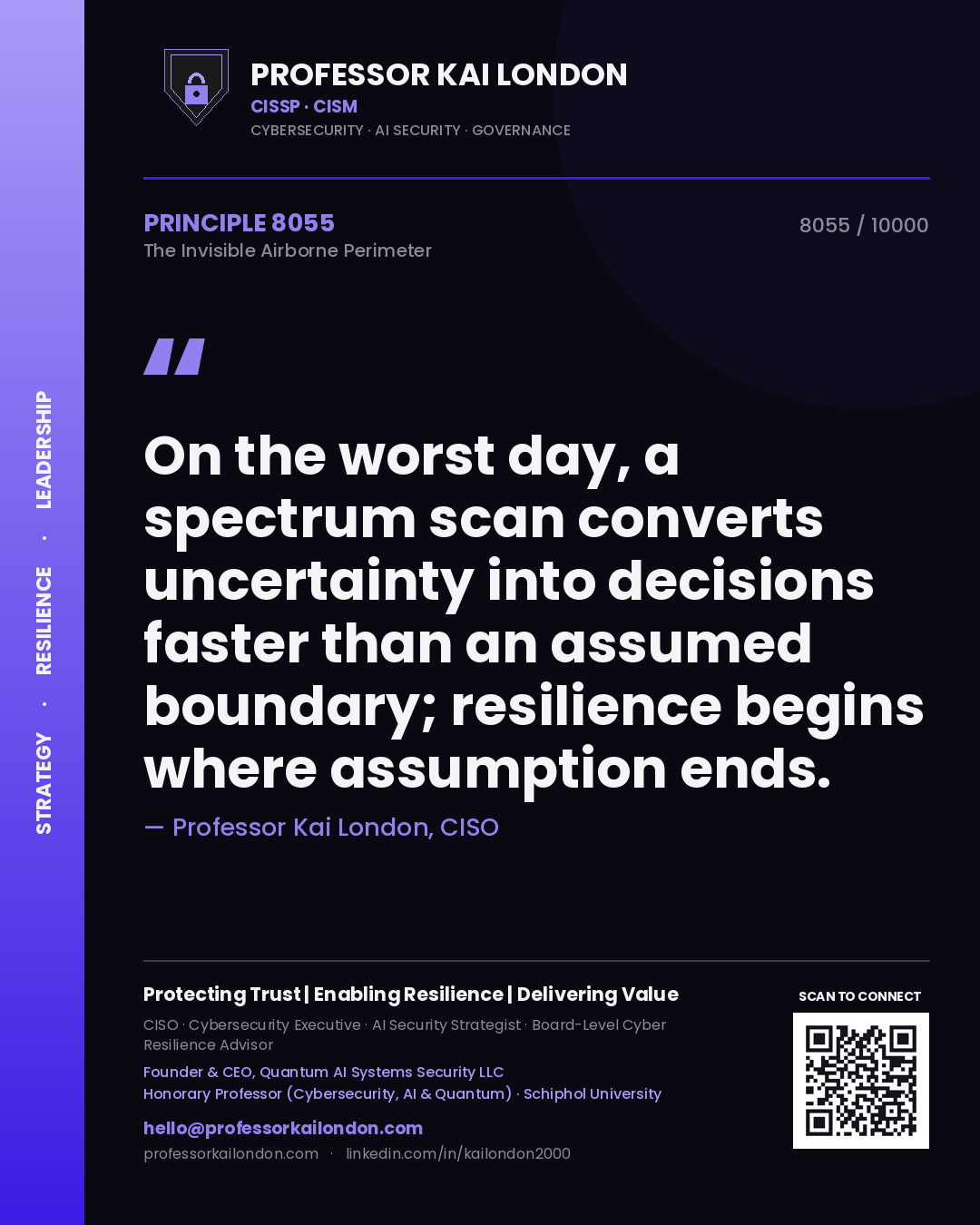 Quote card by Professor Kai London reading 'On the worst day, a spectrum scan converts uncertainty into decisions faster than an assumed boundary; resilience begins where assumption ends.'. From the book The Invisible Airborne Perimeter.