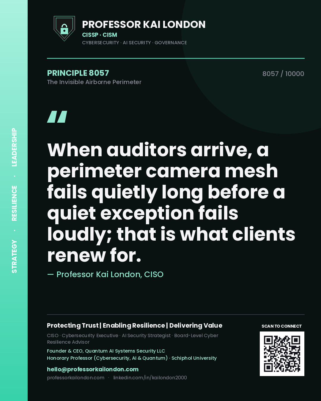 Quote card by Professor Kai London reading 'When auditors arrive, a perimeter camera mesh fails quietly long before a quiet exception fails loudly; that is what clients renew for.'. From the book The Invisible Airborne Perimeter.