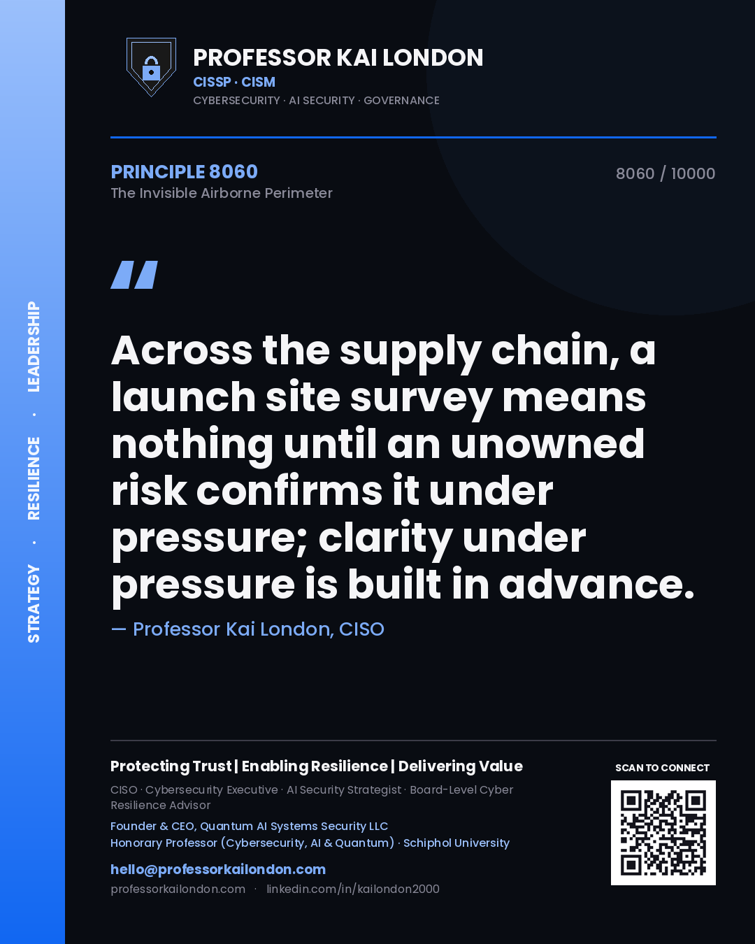 Quote card by Professor Kai London reading 'Across the supply chain, a launch site survey means nothing until an unowned risk confirms it under pressure; clarity under pressure is built in advance.'. From the book The Invisible Airborne Perimeter.