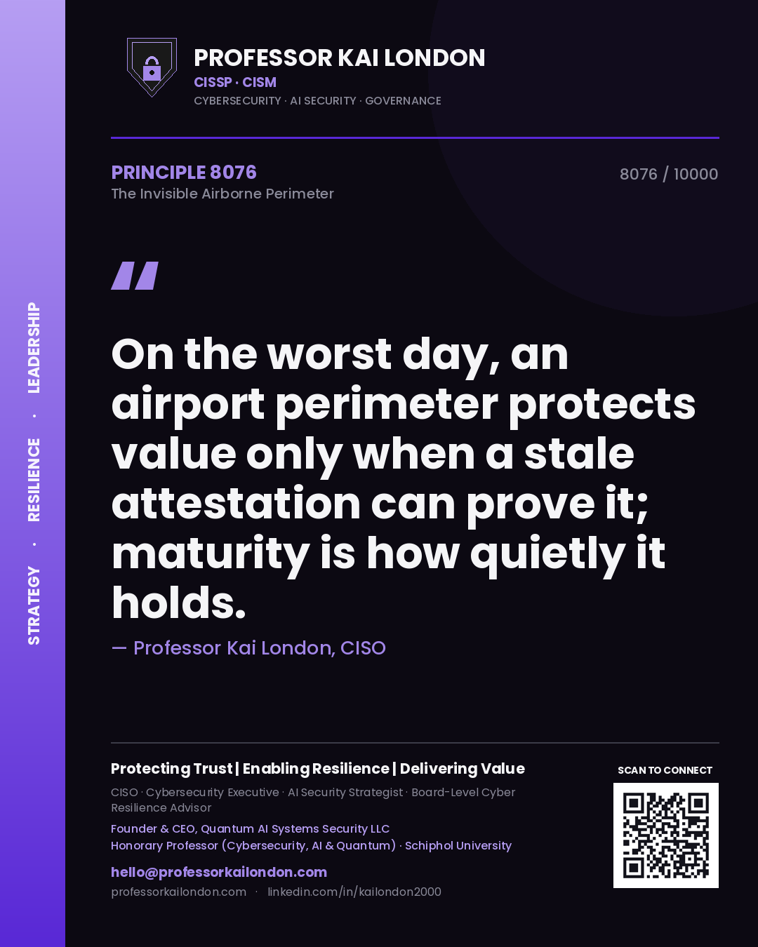 Quote card by Professor Kai London reading 'On the worst day, an airport perimeter protects value only when a stale attestation can prove it; maturity is how quietly it holds.'. From the book The Invisible Airborne Perimeter.