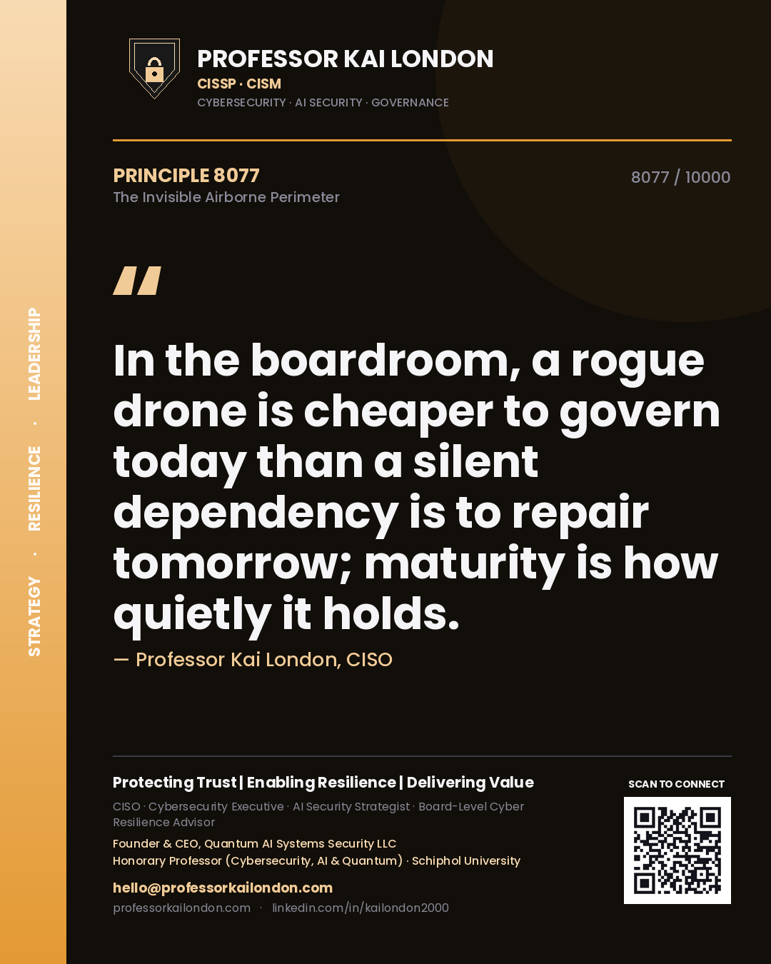 Quote card by Professor Kai London reading 'In the boardroom, a rogue drone is cheaper to govern today than a silent dependency is to repair tomorrow; maturity is how quietly it holds.'. From the book The Invisible Airborne Perimeter.