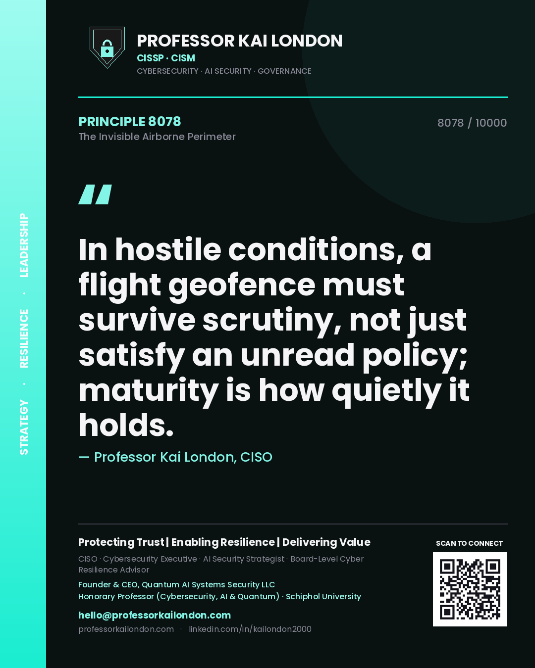 Quote card by Professor Kai London reading 'In hostile conditions, a flight geofence must survive scrutiny, not just satisfy an unread policy; maturity is how quietly it holds.'. From the book The Invisible Airborne Perimeter.