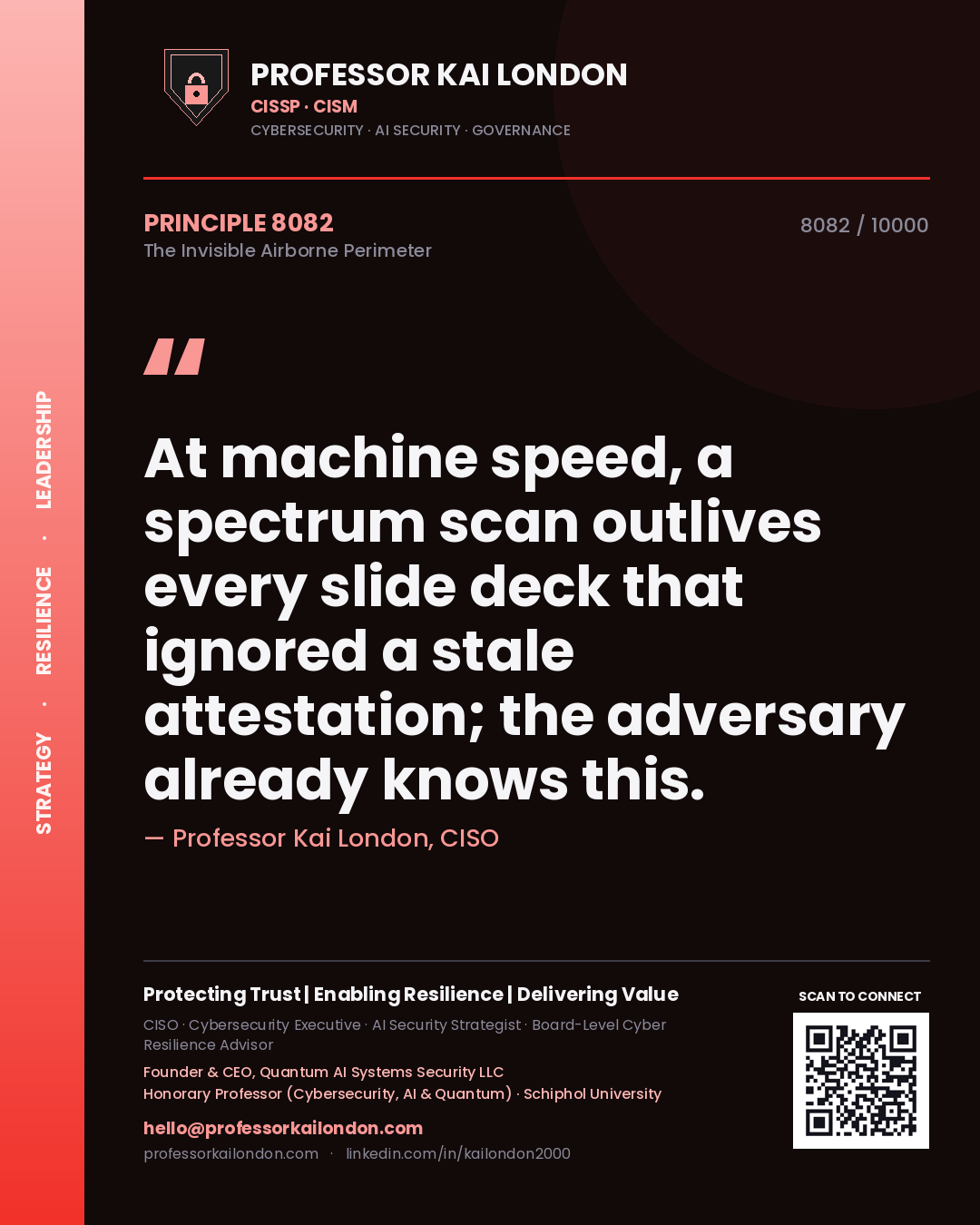 Quote card by Professor Kai London reading 'At machine speed, a spectrum scan outlives every slide deck that ignored a stale attestation; the adversary already knows this.'. From the book The Invisible Airborne Perimeter.